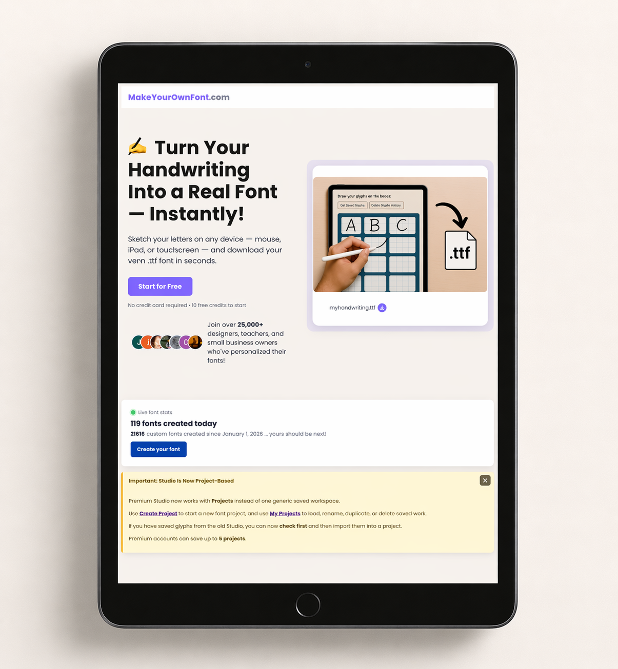 MakeYourOwnFont.com homepage preview